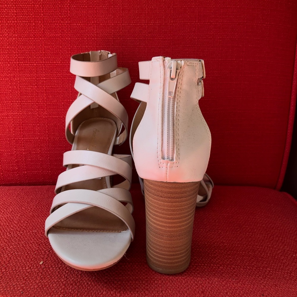 White and brown strappy heels